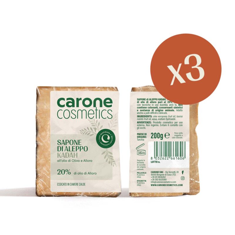 3 Pezzi - SAPONE DI ALEPPO olio d’oliva e olio di alloro 20% - 200 g - KADAH