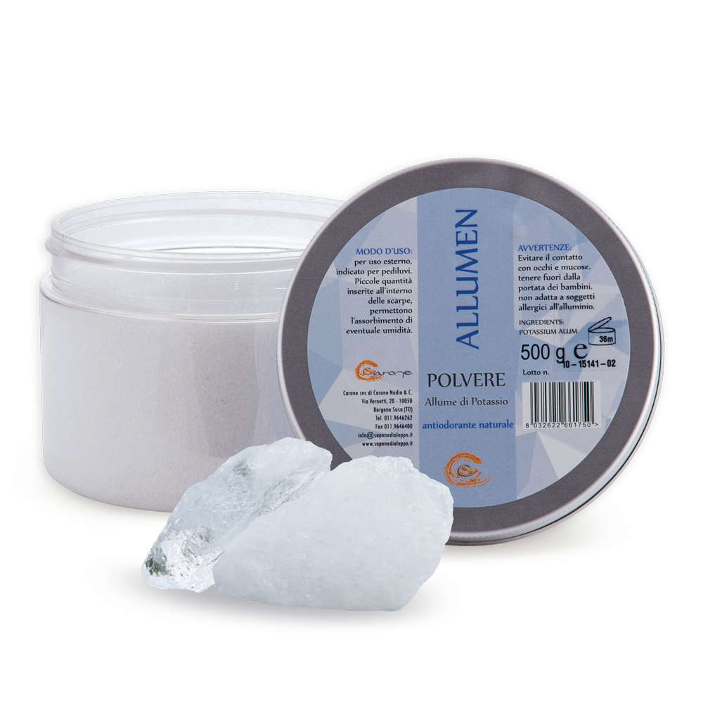0064 ALLUME DI POTASSIO POLVERE Carone Cosmetics • Sapone di Aleppo • Prodotti Cosmetici Naturali